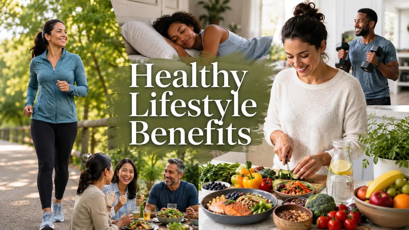 Healthy Lifestyle Benefits shown through healthy food, walking, exercise, good sleep, stress care, and social connection.