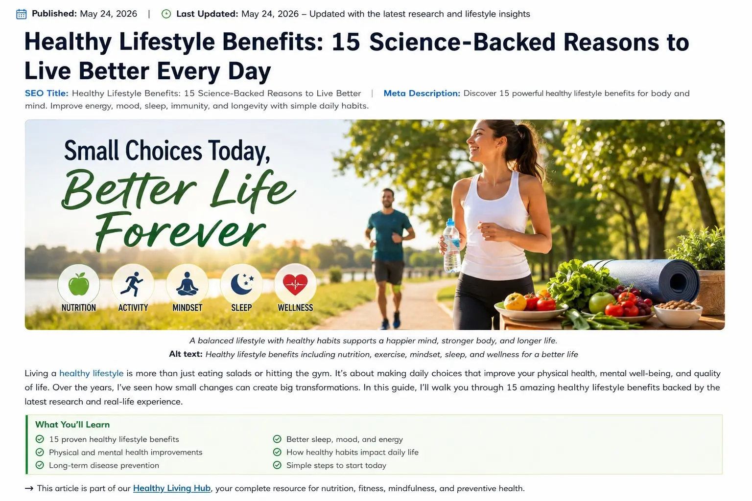 Healthy Lifestyle Benefits - Smiling adults walking outdoors with healthy food, water, exercise gear, and sunlight representing healthy lifestyle benefits.