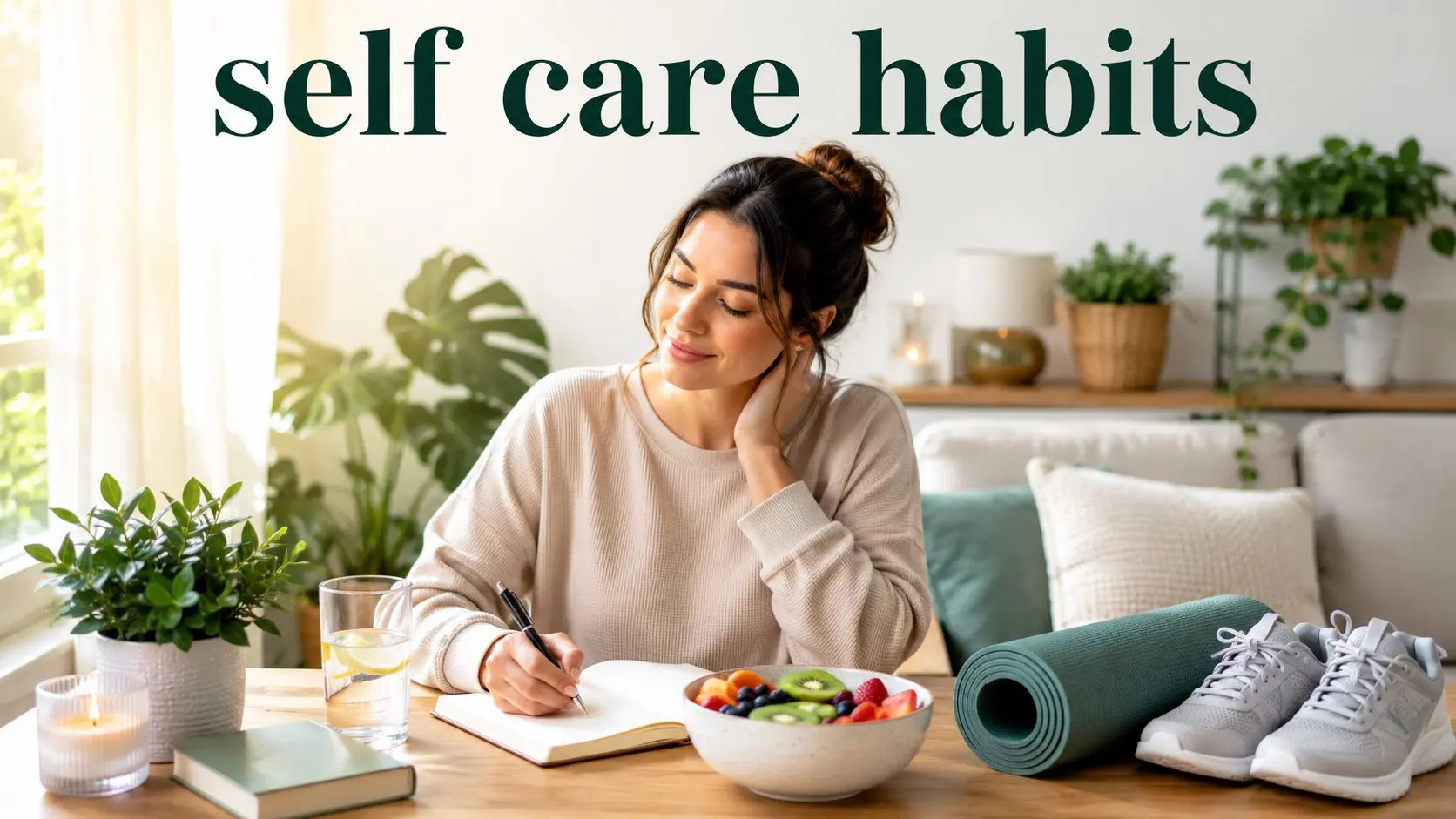 Adult practicing self care habits with healthy food, walking, rest, water, quiet reflection, supportive connection, and a calm daily wellness routine