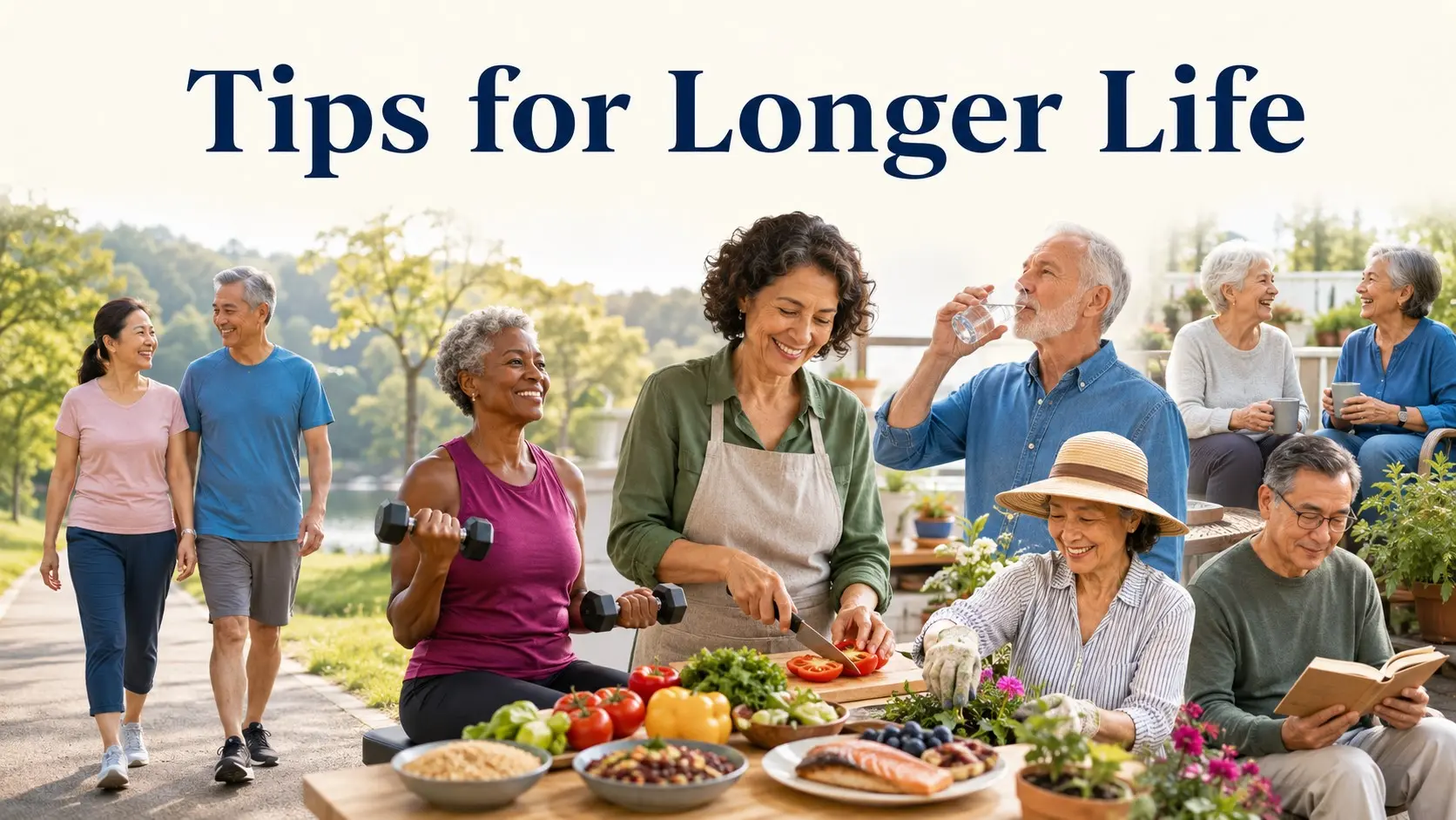 Tips for Longer Life with walking, healthy food, strength exercise, sleep, social connection, preventive care and meaningful activities