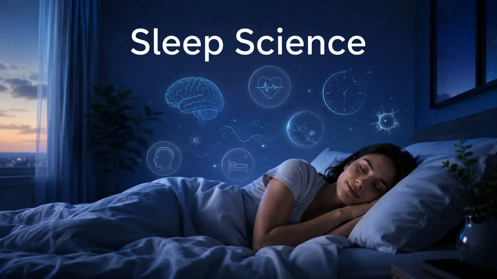 Sleep Science - Woman sleeping peacefully at night with sleep science symbols showing brain activity, heart health, circadian rhythm, and restorative sleep