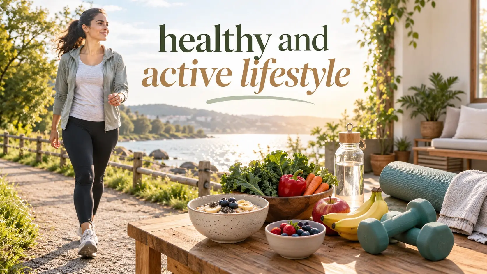 Healthy and active lifestyle with walking strength training nutritious food sleep and recovery