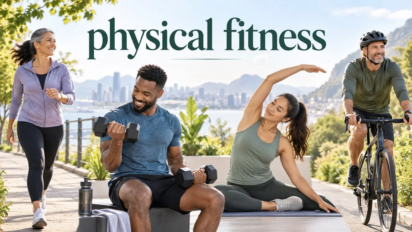 Physical fitness with walking strength training flexibility balance cardio and recovery exercises