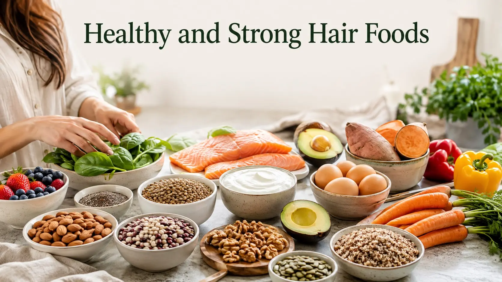 Healthy and Strong Hair Foods including eggs, salmon, beans, lentils, yogurt, vegetables, nuts and seeds for balanced hair nutrition