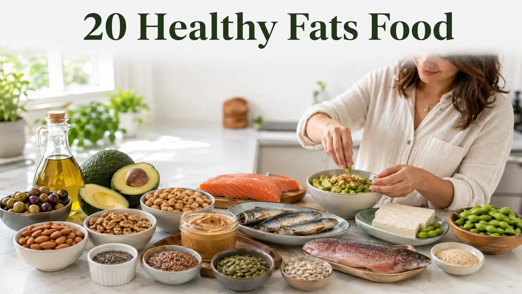 20 Healthy Fats Food including avocado, olive oil, nuts, seeds, salmon, sardines, tofu and other unsaturated fat sources