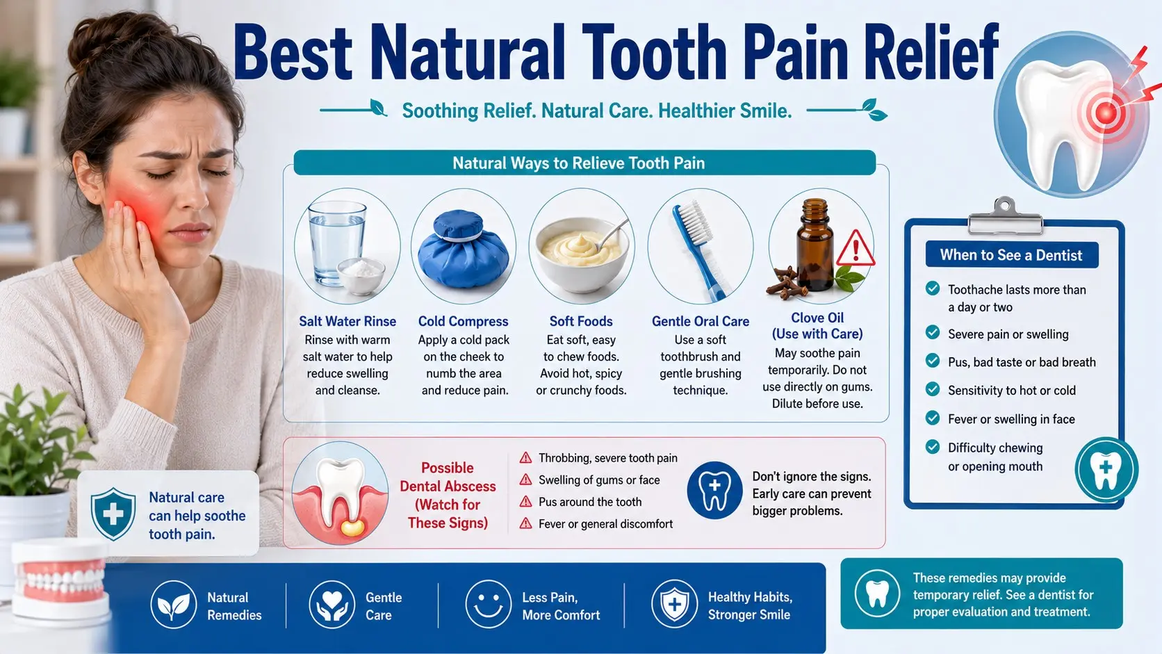 Best Natural Tooth Pain Relief guide with tooth pain icon, salt water rinse, cold compress, soft foods, clove caution, dentist checklist, and dental abscess warning icons.