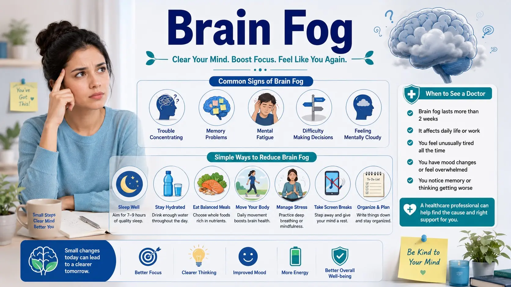Brain Fog guide with cloudy brain icon, focus checklist, sleep, hydration, stress control, movement, nutrition, screen breaks, and doctor checklist icons.