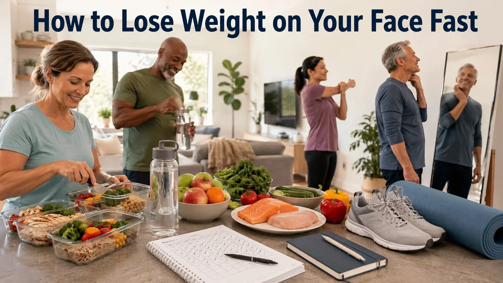 How to Lose Weight on Your Face Fast guide with adults planning hydration, balanced meals, walking, sleep, and safe healthy habits