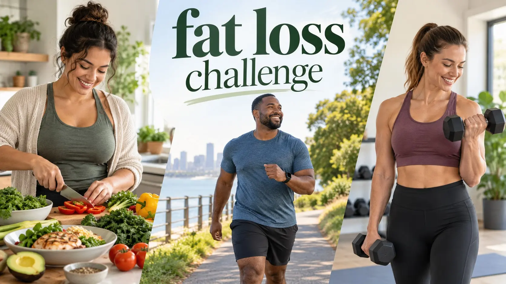 Fat loss challenge with balanced meals walking strength training sleep water progress tracking and healthy daily habits