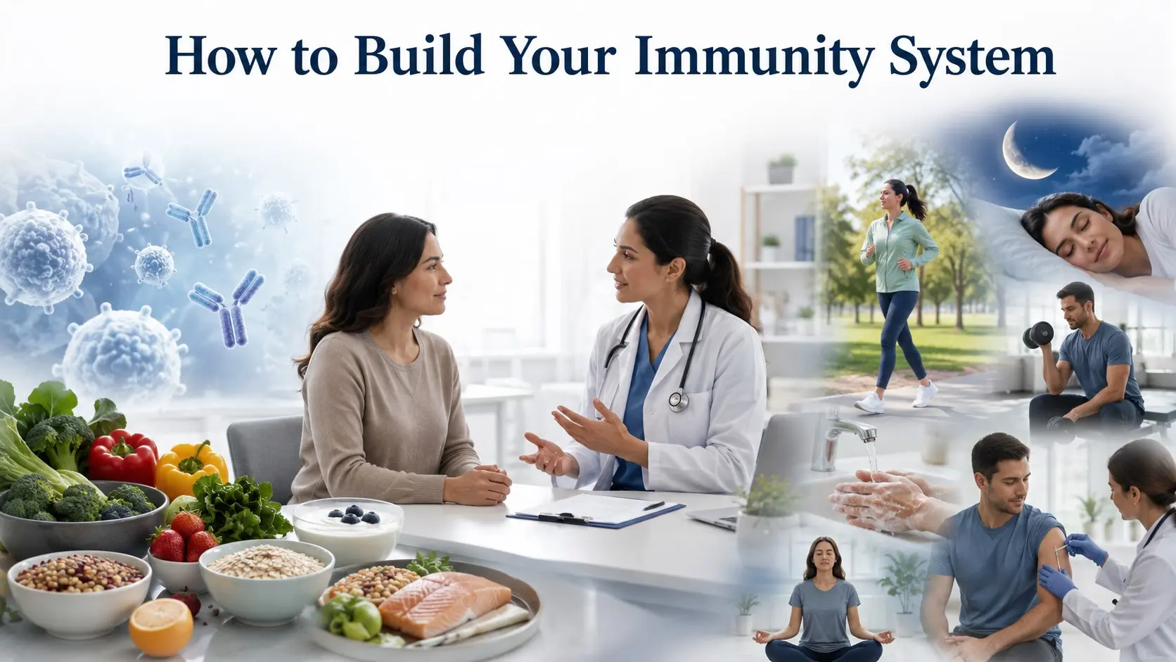 How to Build Your Immunity System with healthy food, sleep, exercise, vaccines, hygiene and normal immune function