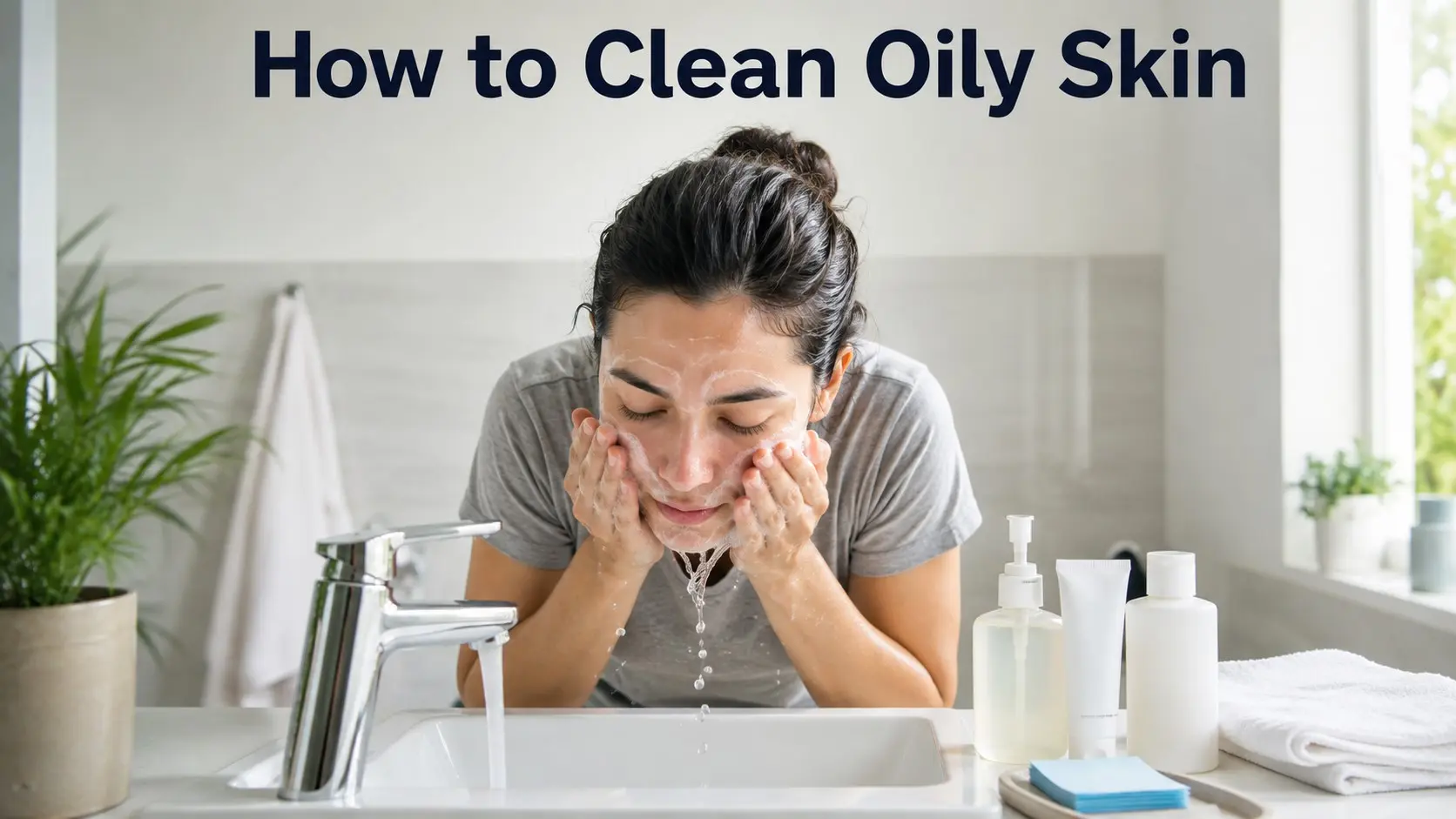How to Clean Oily Skin with gentle cleanser, moisturizer, sunscreen and blotting papers for a simple daily skin care routine