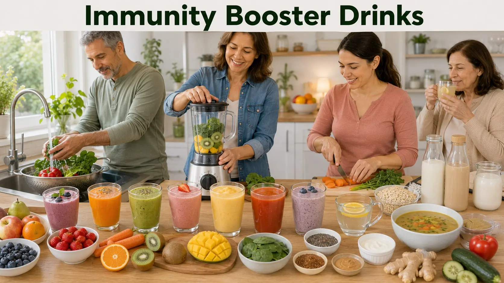 Immunity booster drinks made with berries, citrus fruit, vegetables, yogurt, oats, fortified milk, soy drink, ginger, and other balanced ingredients