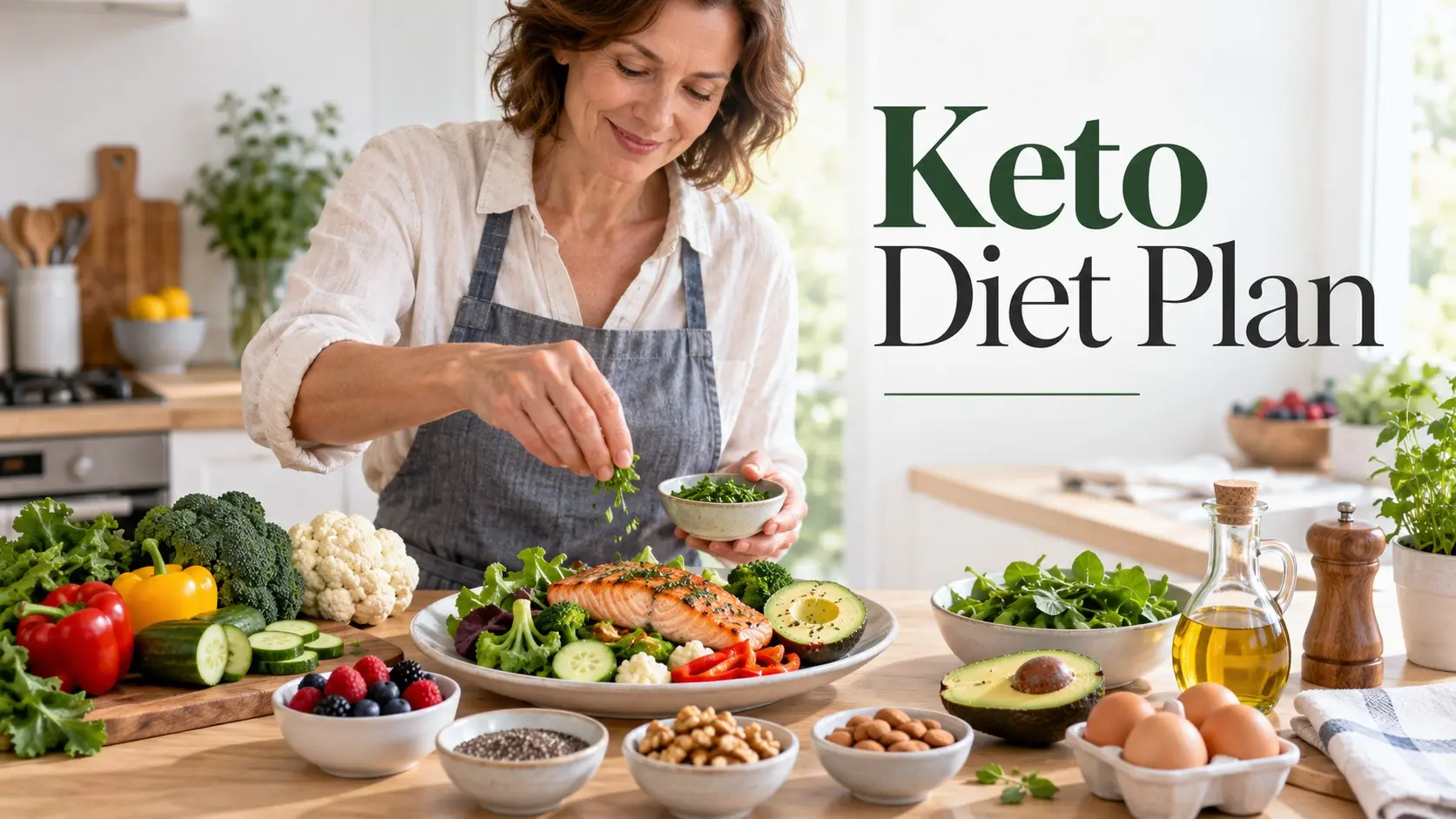 Keto Diet Plan with salmon eggs avocado olive oil nuts seeds and lower carbohydrate vegetables