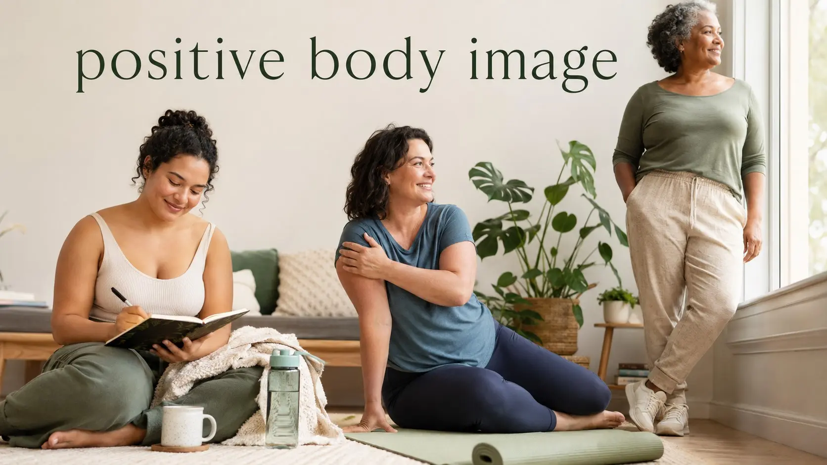 positive body image- Diverse adults practicing body neutral self care, gentle movement, and positive body image habits