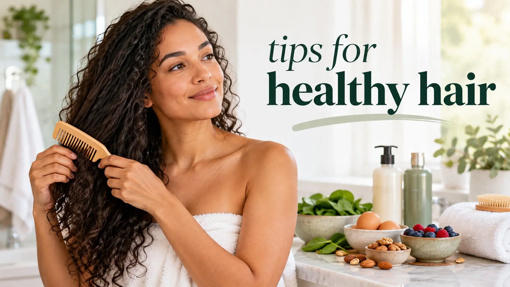 Tips for healthy hair using gentle washing, conditioning, nutrition, and low heat styling