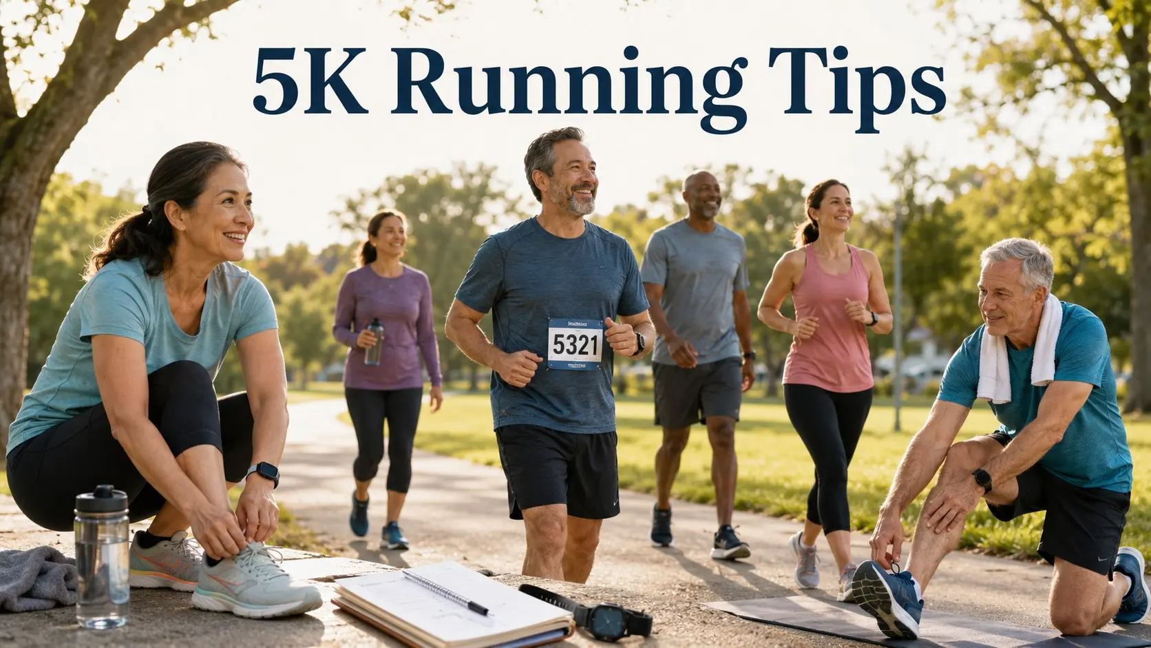 5K Running Tips guide with adults warming up, jogging safely, pacing, drinking water, stretching, and preparing for a beginner 5K