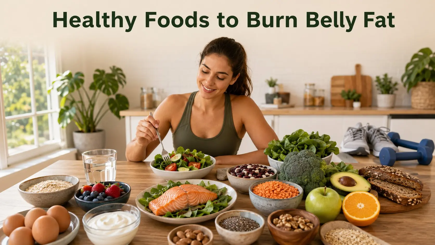 Healthy Foods to Burn Belly Fat including protein, fiber, vegetables, fruit, whole grains and healthy fats for sustainable weight loss