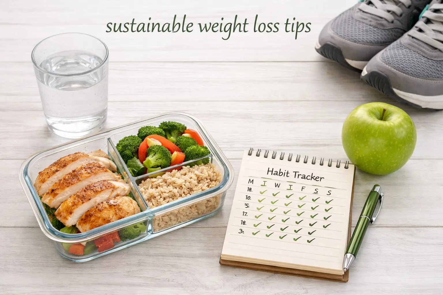 Sustainable weight loss tools, including meal prep, water, a habit tracker notebook and trainers on a white wooden surface