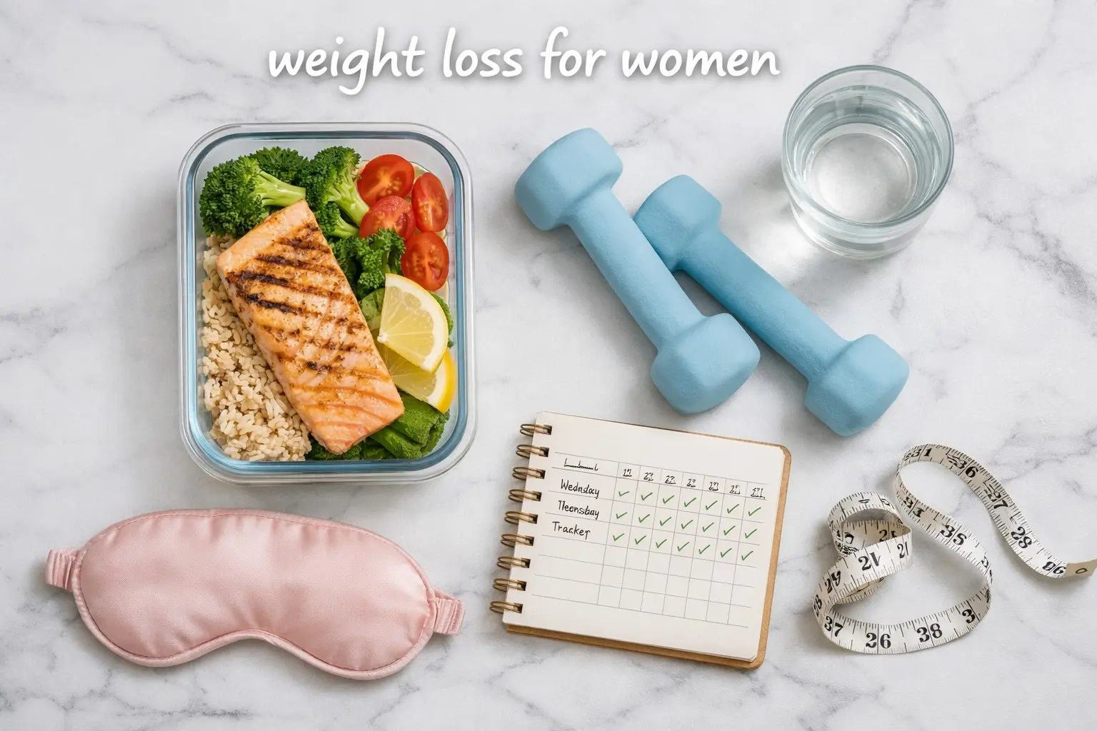 Weight loss for women tools including healthy meal dumbbells water sleep mask and habit tracker on white marble