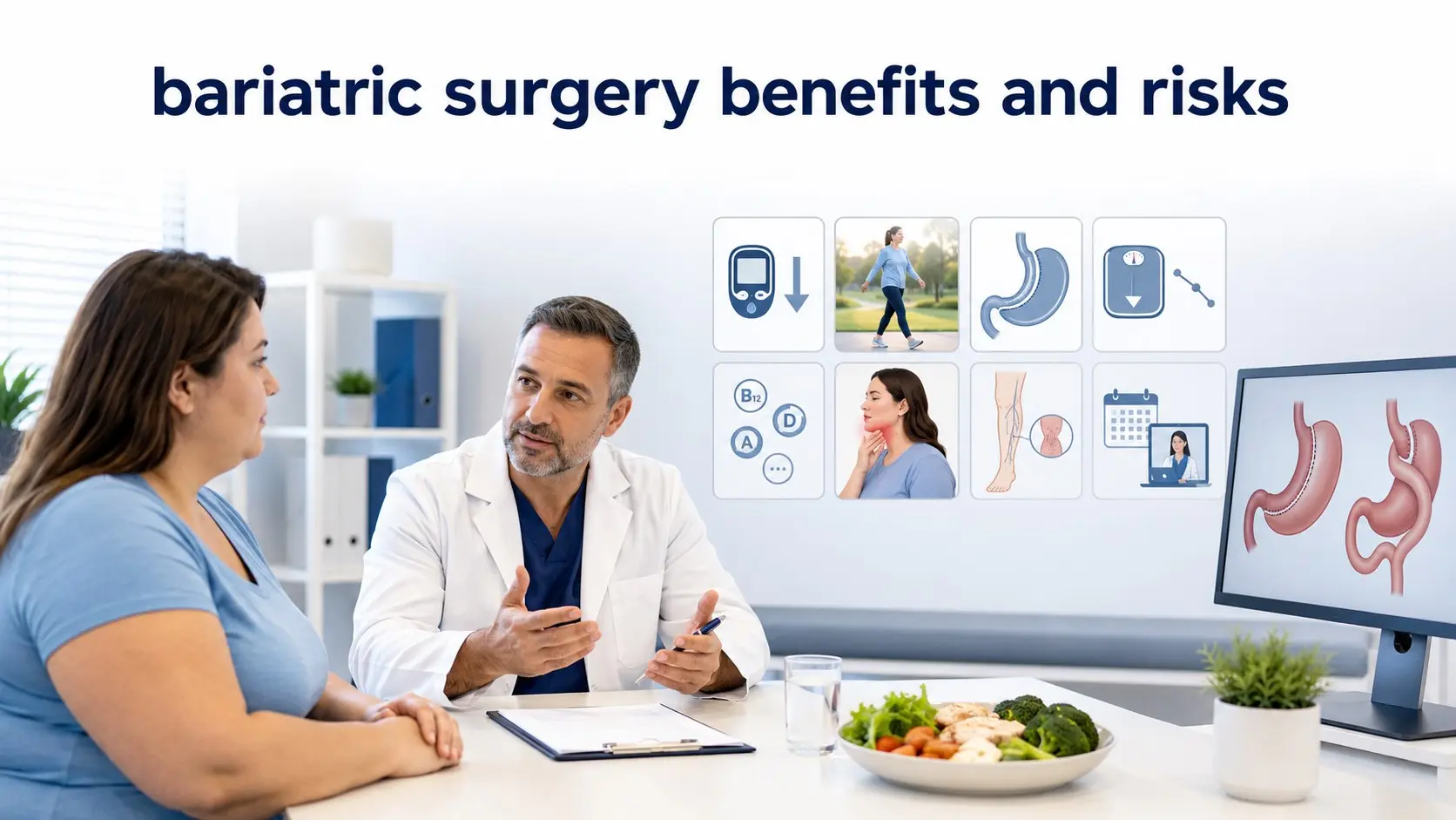 Adult discussing bariatric surgery benefits and risks with a surgeon beside weight loss, nutrition and complication monitoring illustrations