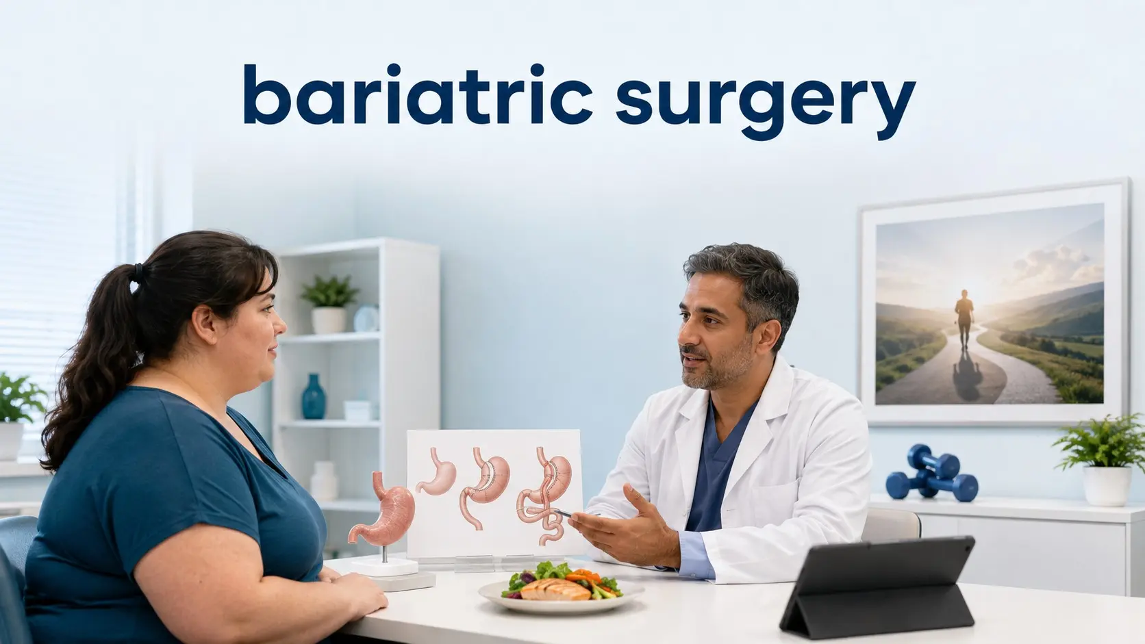 Adult discussing bariatric surgery with a surgeon beside sleeve gastrectomy, gastric bypass, nutrition and recovery illustrations
