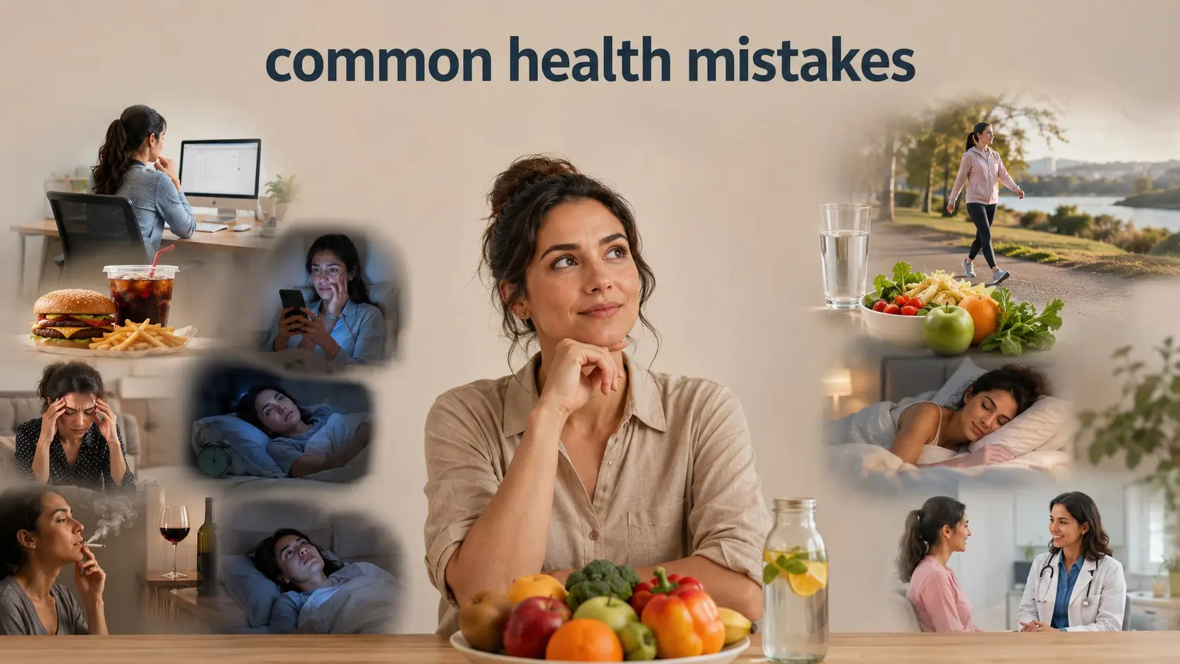 Adult reviewing common health mistakes including poor food choices, too much sitting, lack of sleep, stress, smoking, alcohol, and missed health care.