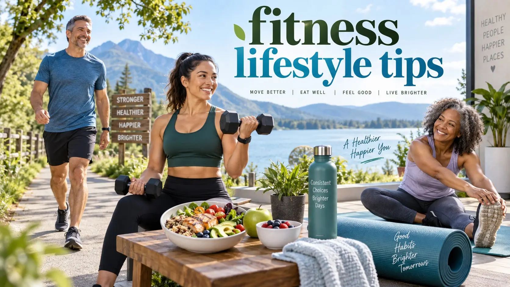 Fitness lifestyle tips showing walking, strength training, balanced nutrition, stretching, recovery, and simple healthy daily habits.