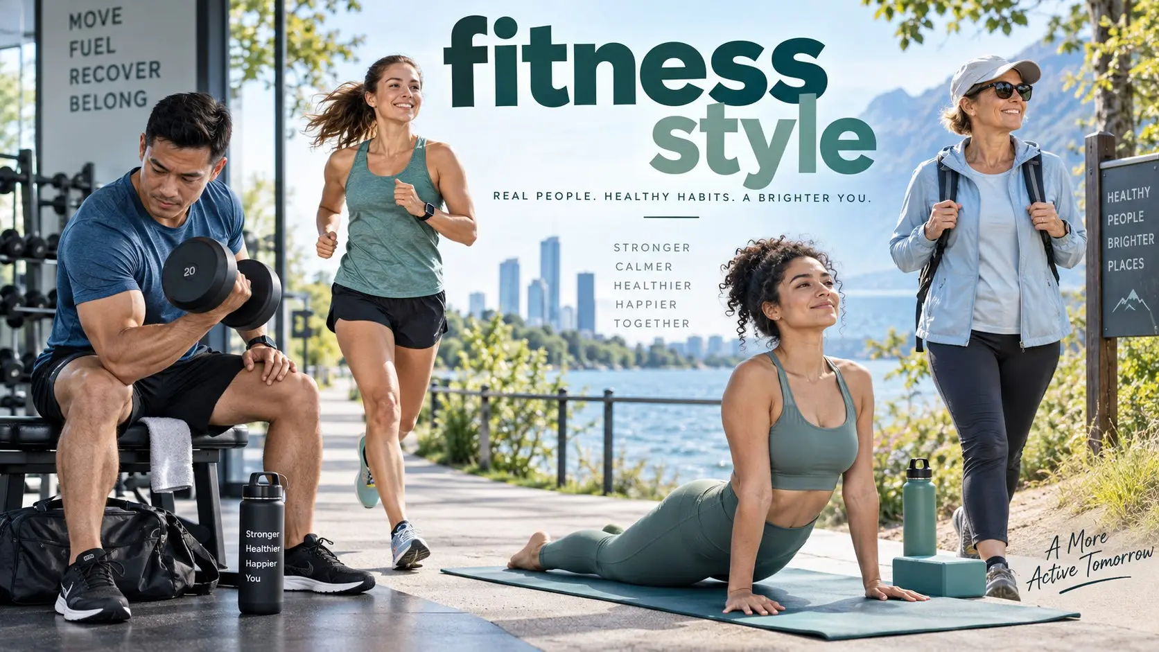 Fitness style guide showing practical workout clothes, athletic shoes, running wear, strength training gear, yoga activewear, and outdoor fitness clothing.