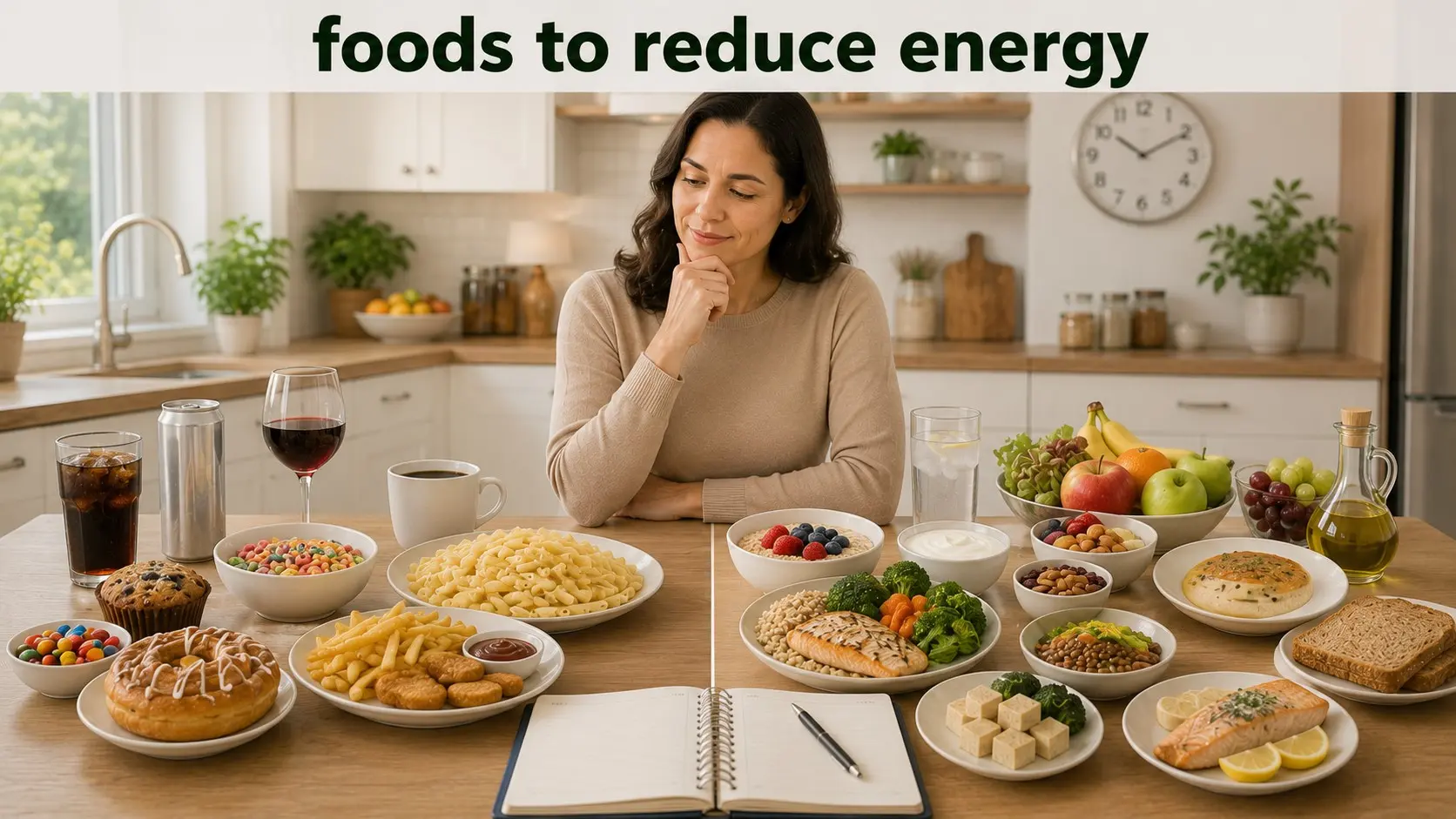 Foods to reduce energy, including sugary drinks, pastries, fried meals, alcohol, and late coffee, beside balanced foods for steady daily energy.