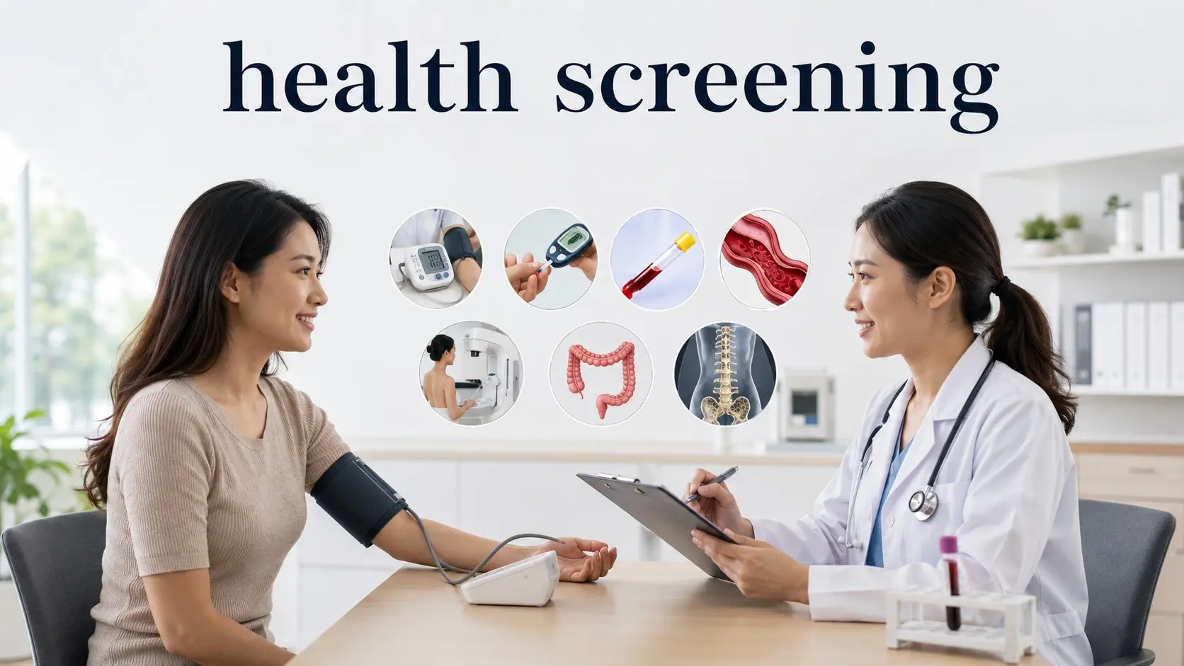 Adult having a health screening with blood pressure, blood tests, cancer screening and preventive care cues