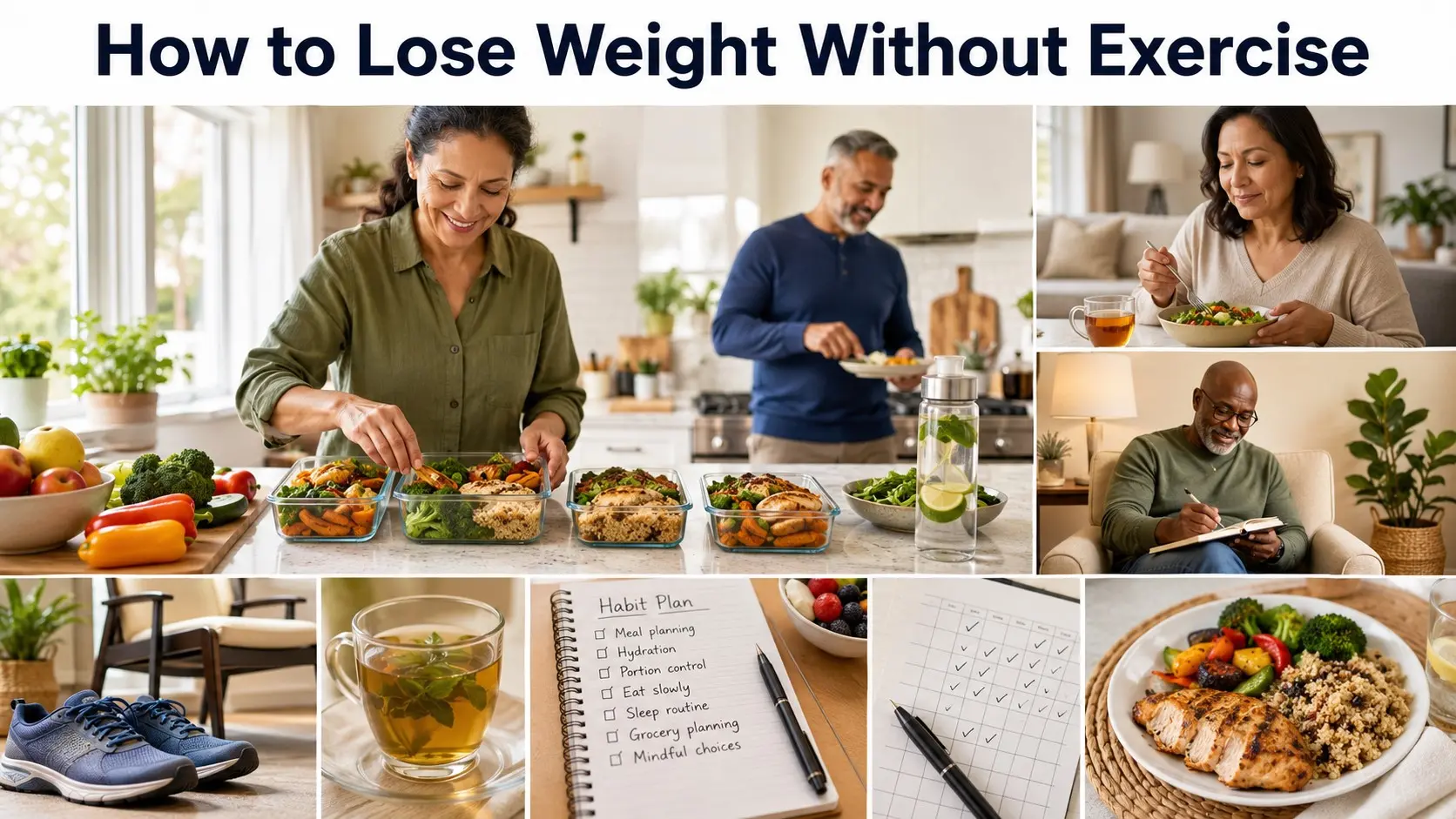How to Lose Weight Without Exercise guide with adults planning balanced meals, water, portions, sleep habits, and simple healthy routines