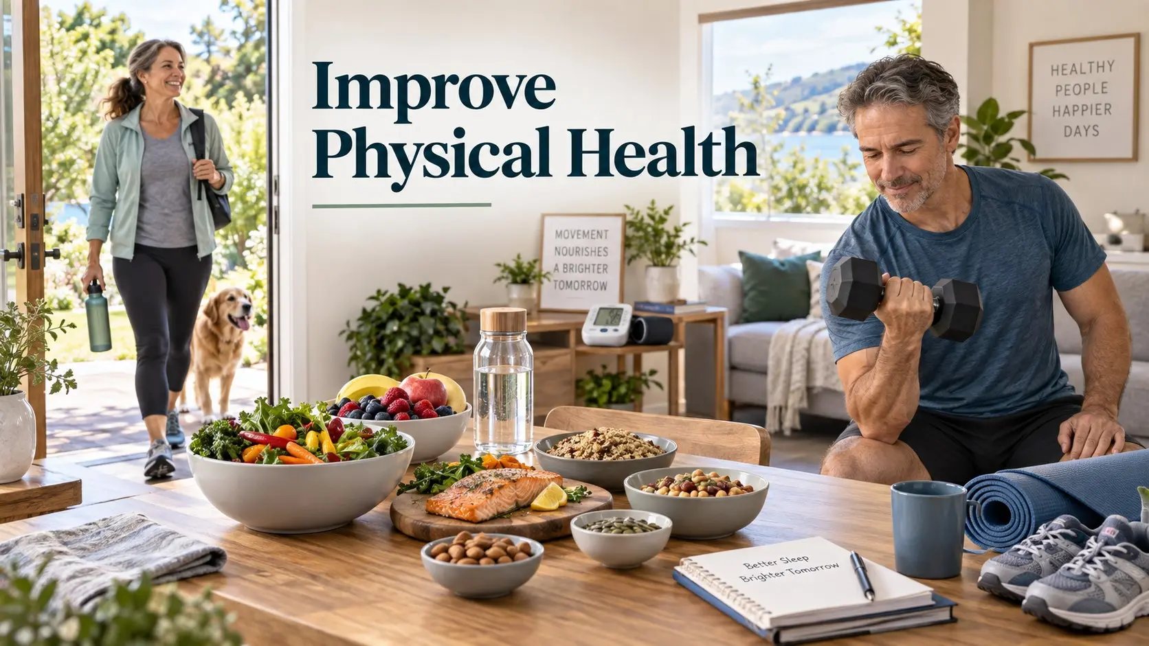 Improve Physical Health with walking strength training healthy food sleep hydration preventive care and sustainable wellness habits