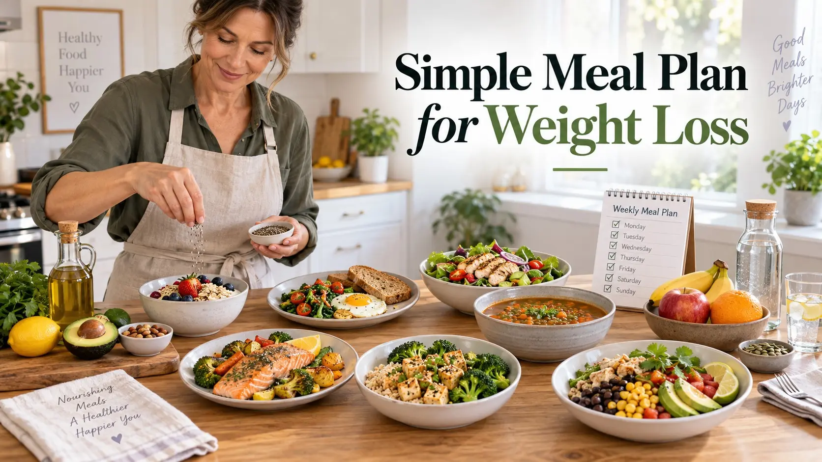 Simple Meal Plan for Weight Loss with seven days of balanced protein vegetables fruit whole grains healthy fats and easy meal prep