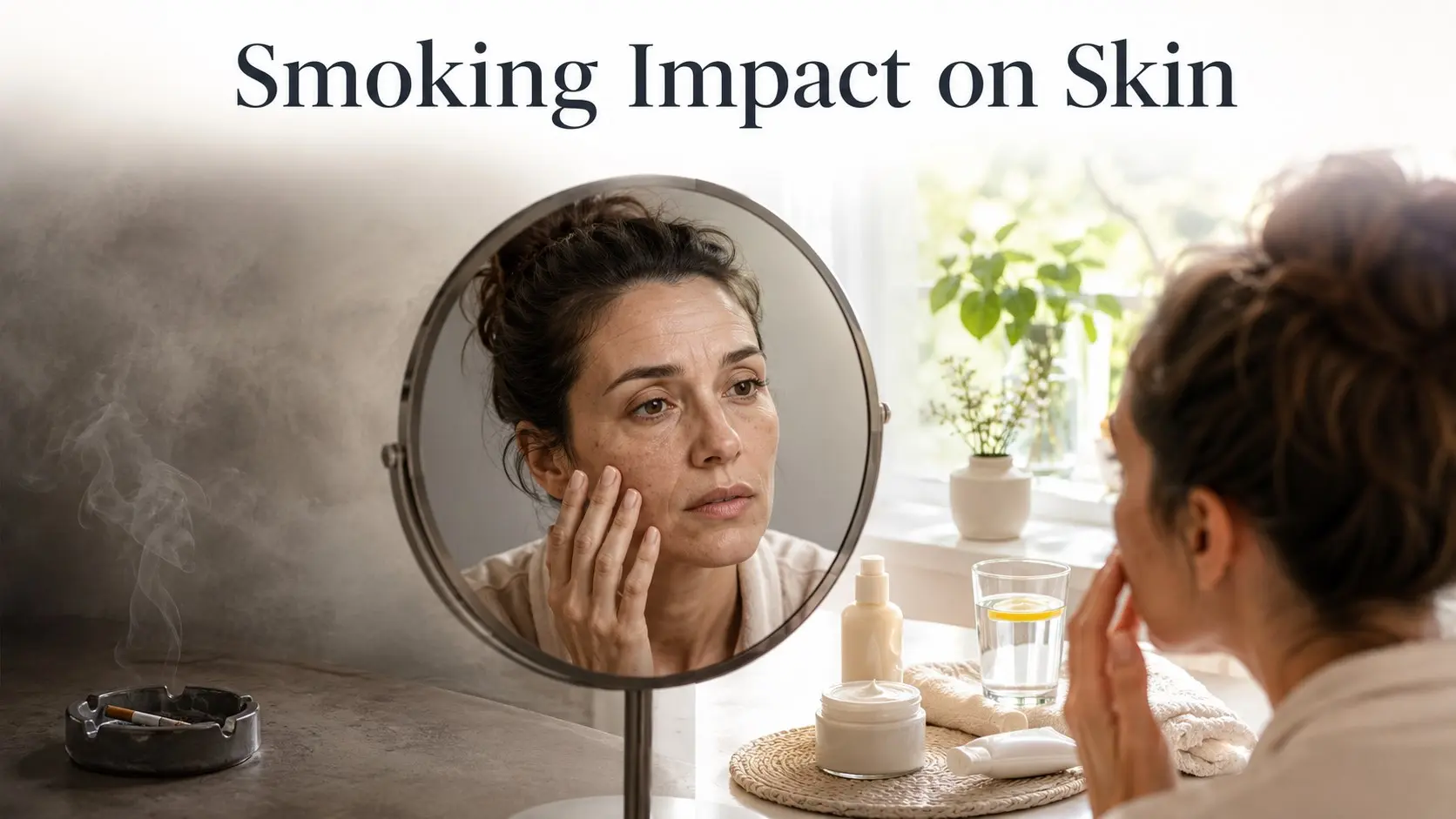 Smoking Impact on Skin showing premature skin aging, wrinkles, skin circulation and healthier habits after quitting smoking