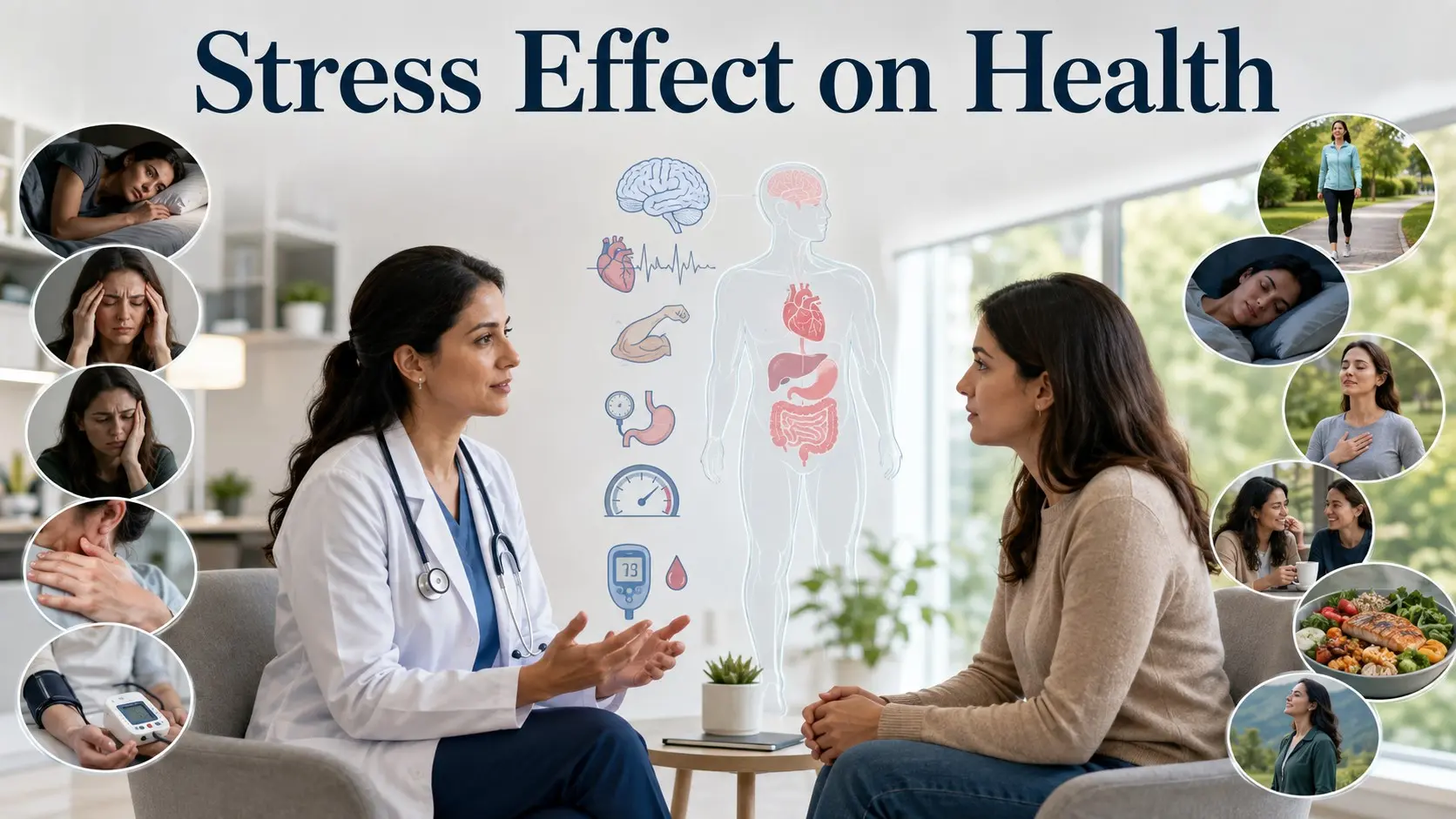 Stress Effect on Health including sleep, heart, digestion, mood, headaches, muscle tension and healthy stress management