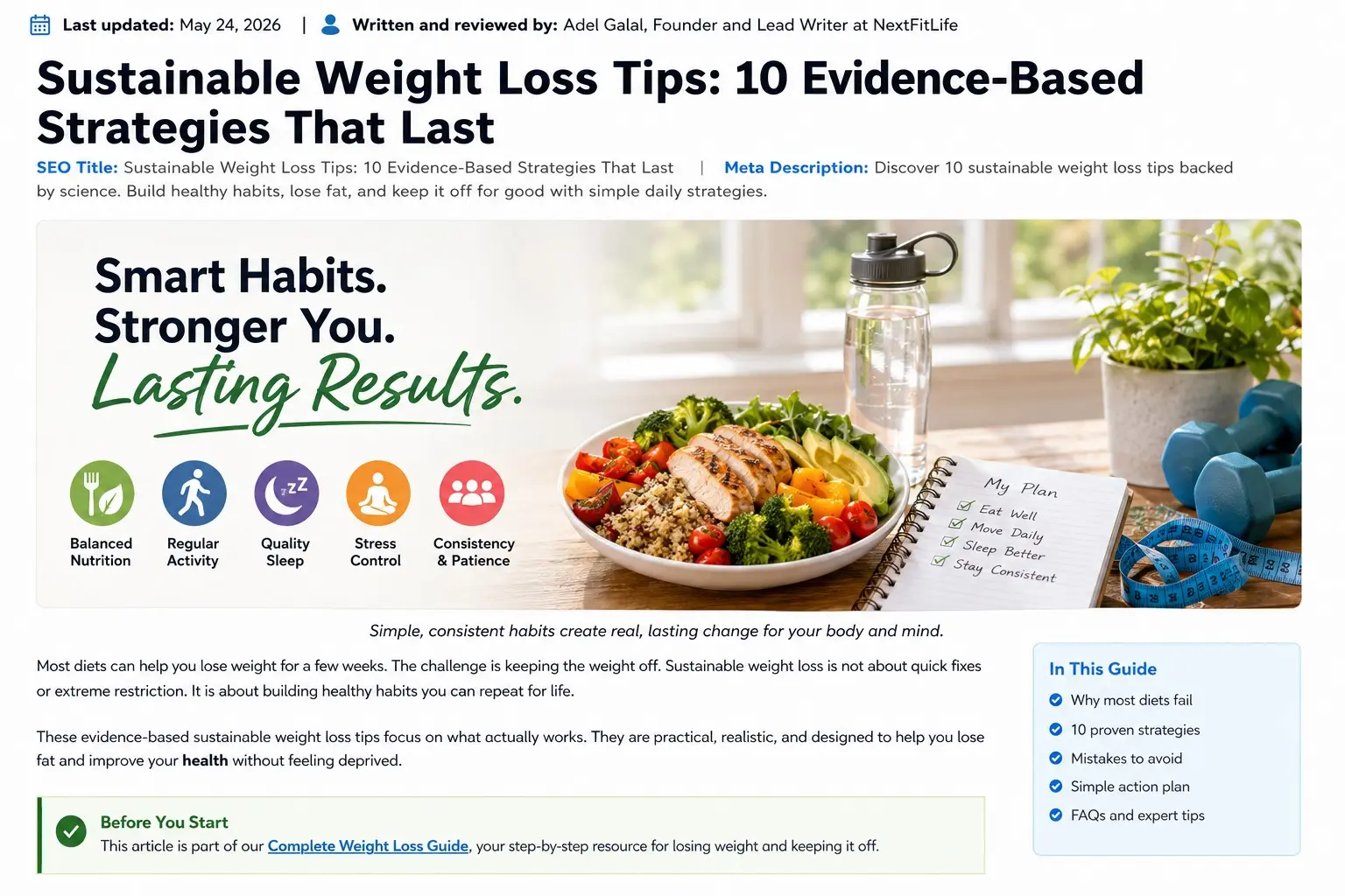 Adult preparing a balanced meal beside walking shoes, water, vegetables, and a progress journal for sustainable weight loss tips