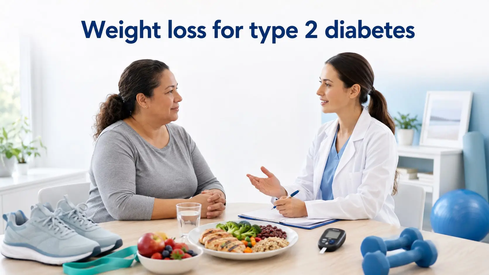 weight loss for type 2 diabetes - Adult with type 2 diabetes discussing a safe weight loss plan with healthy food, activity, strength training, and blood glucose monitoring