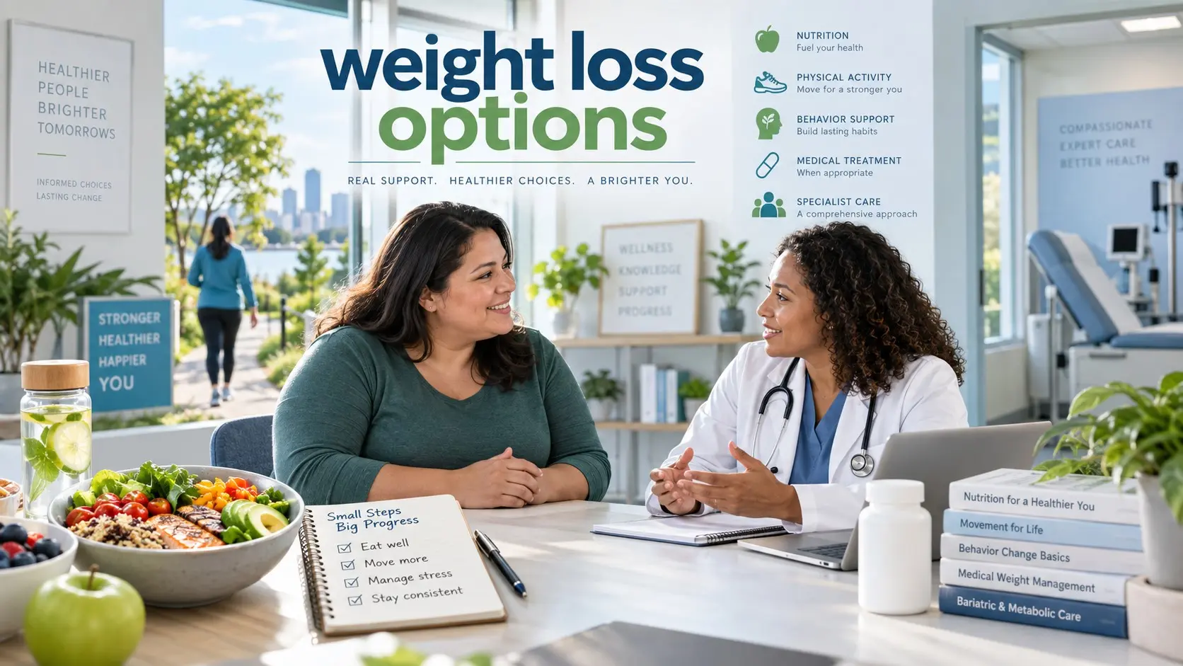 Weight loss options including healthy eating, exercise, behavior support, medical care, prescription treatment, and bariatric care.