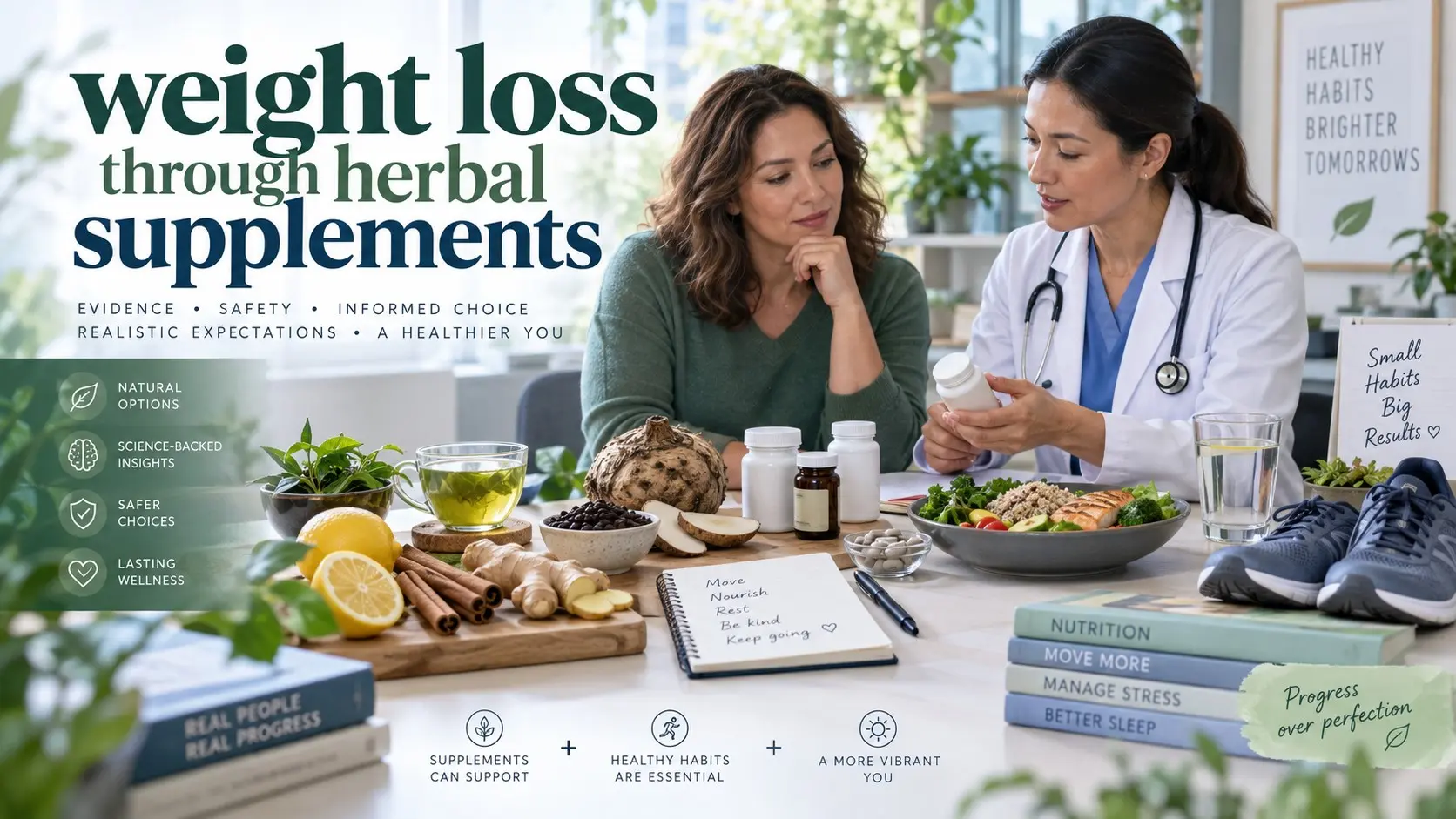 Weight loss through herbal supplements guide showing herbal products, green tea, healthy food, activity habits, and a medical safety review.