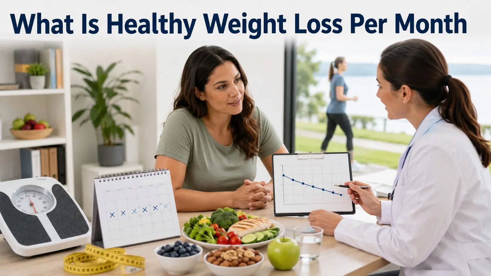 What Is Healthy Weight Loss Per Month with gradual scale progress, healthy eating, walking, strength exercise and medical guidance