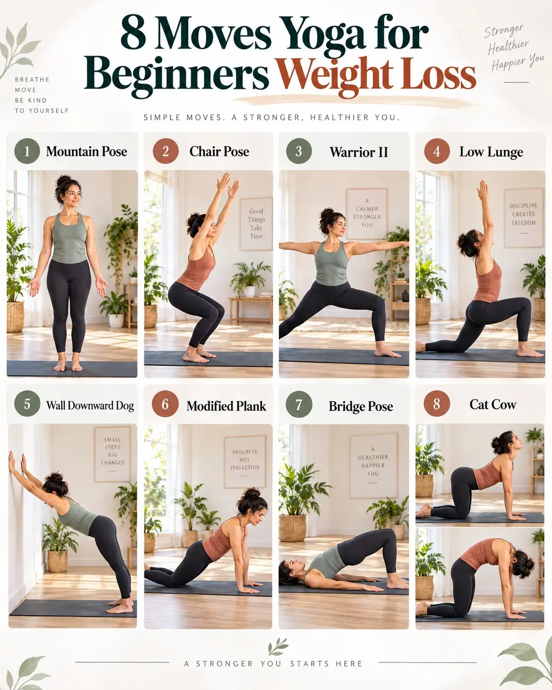 Yoga for beginners weight loss with a beginner practicing simple yoga poses as part of a balanced fitness and weight management routine