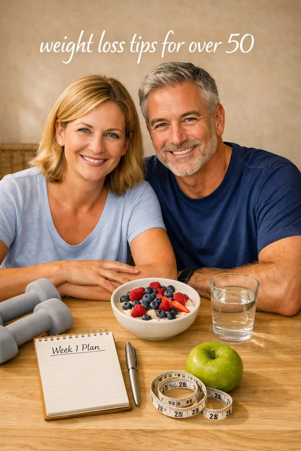 Weight loss essentials for over 50 including dumbbells, healthy food, water and a weekly plan notebook on a wood surface