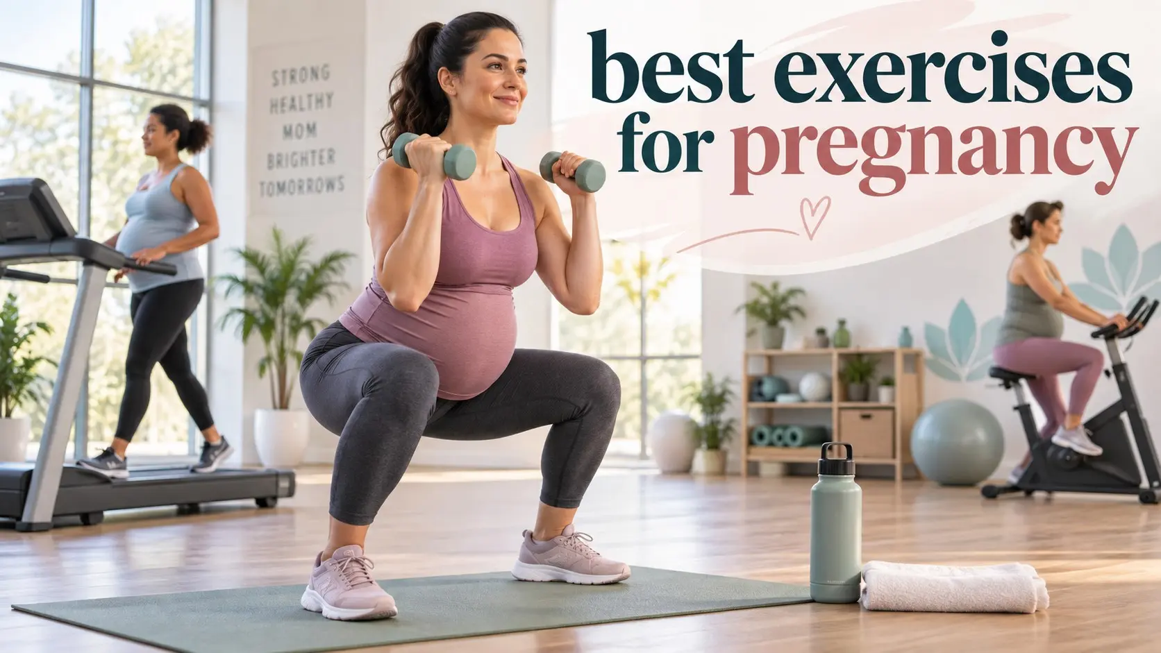 Best exercises for pregnancy with a pregnant woman doing safe strength training, walking, cycling, and prenatal movement