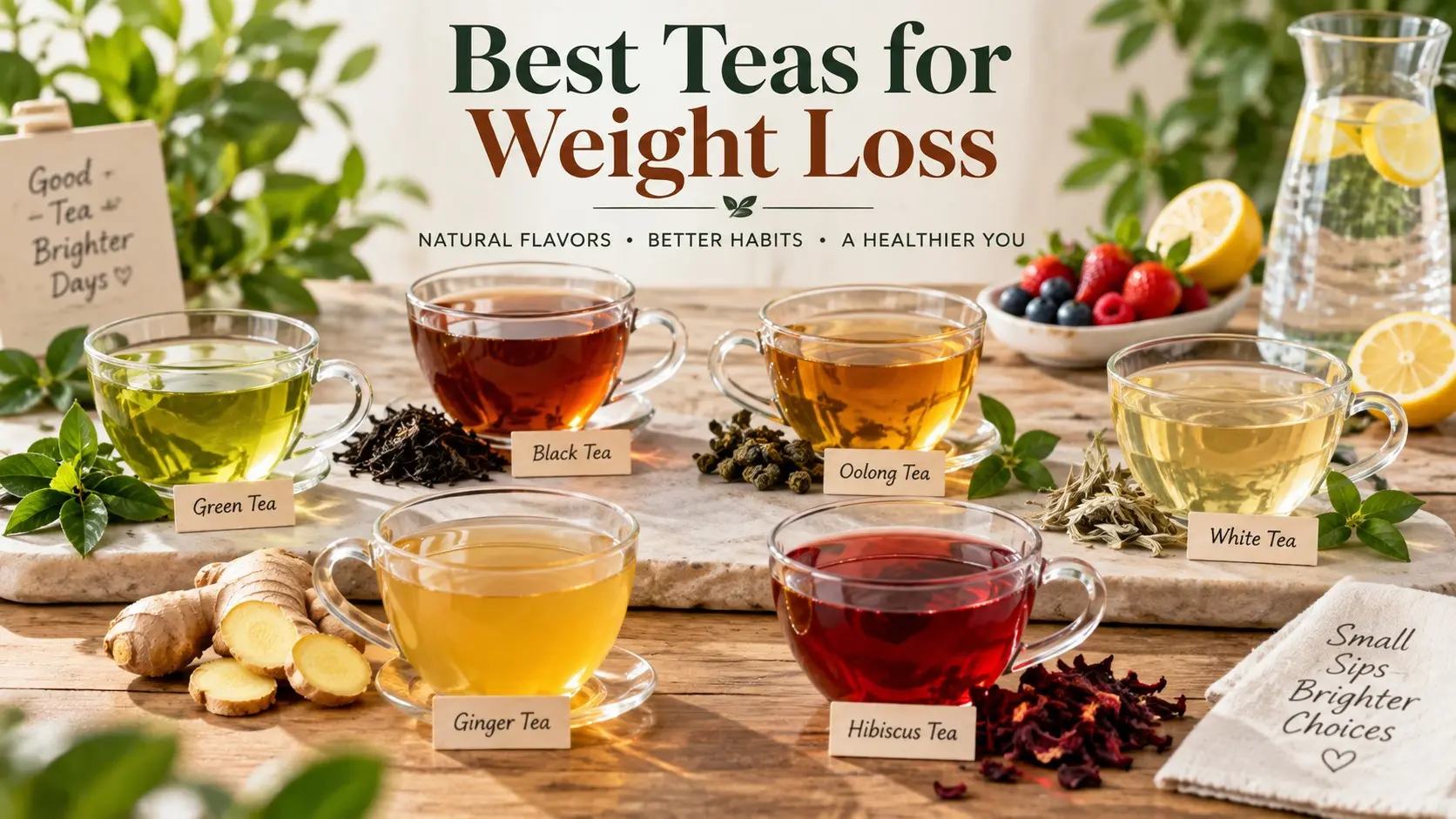 Best teas for weight loss including green tea, black tea, oolong tea, white tea, ginger tea, and hibiscus tea served without added sugar.