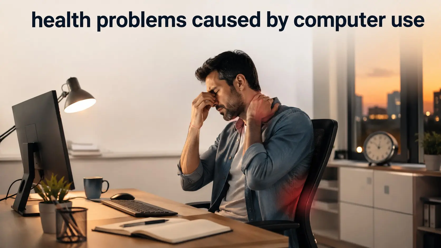 Health problems caused by computer use including eye strain, neck pain, back pain, wrist strain, long sitting, poor posture, fatigue, and sleep problems