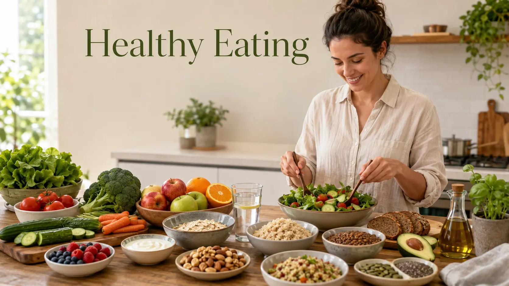 Healthy Eating with vegetables, fruit, whole grains, protein, beans, yogurt, nuts, seeds and healthy fats in balanced meals