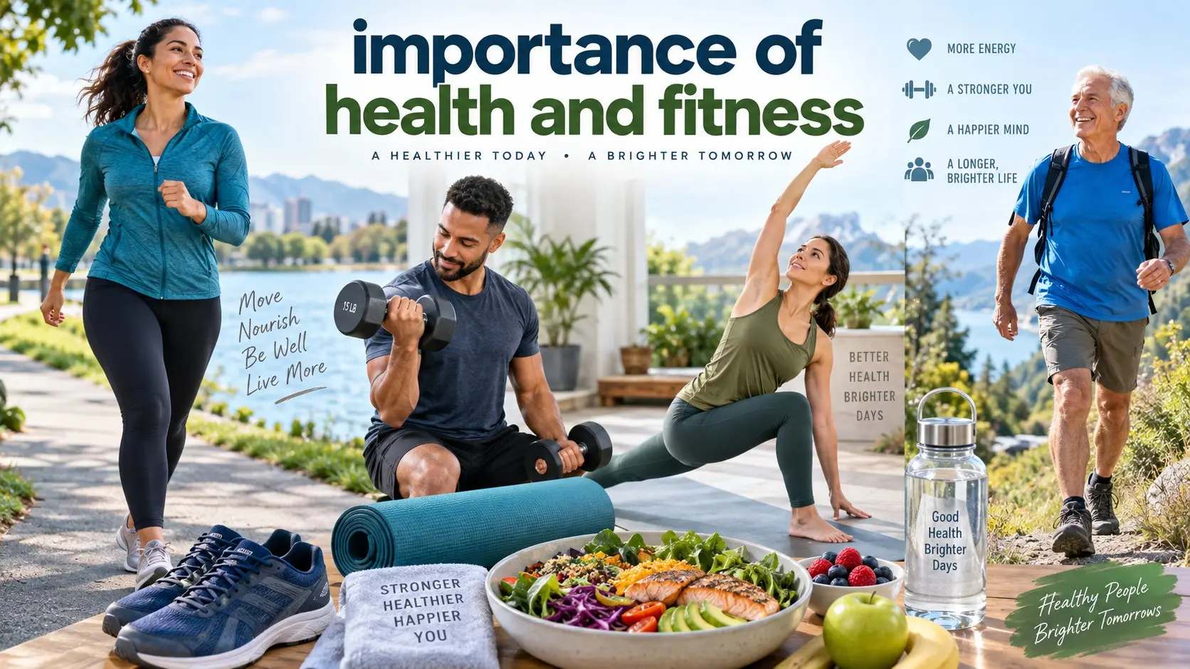 Importance of health and fitness shown through walking, strength training, healthy eating, mobility, balance, recovery, and healthy aging.
