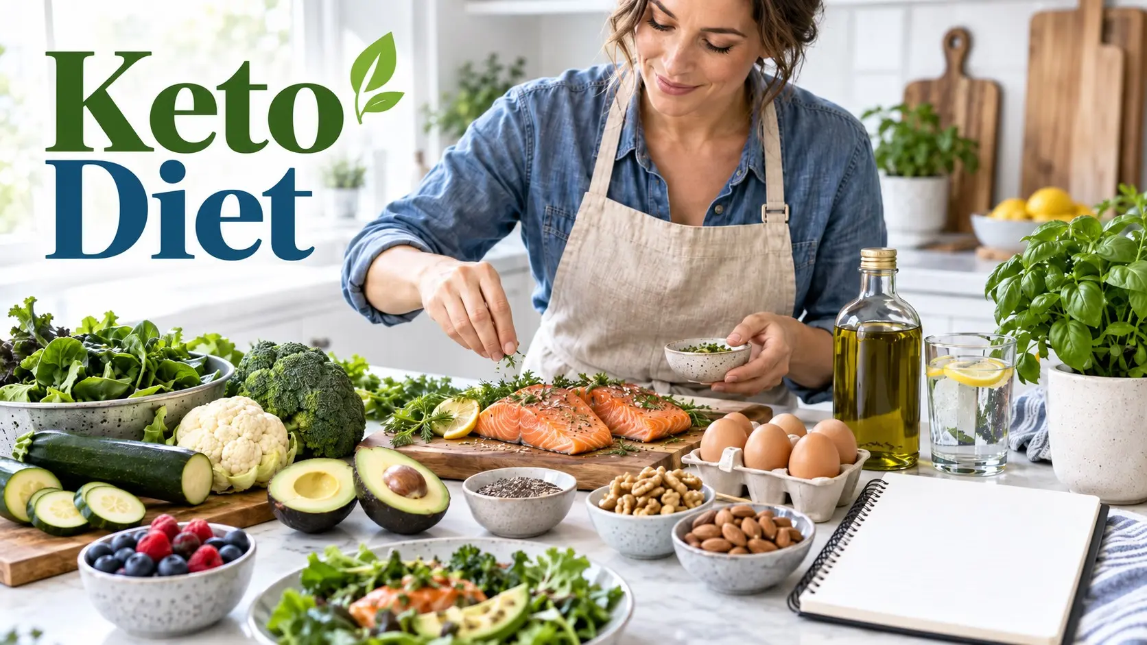 Keto diet beginner guide showing salmon, avocado, olive oil, nuts, eggs, low carbohydrate vegetables, and healthy fat choices.