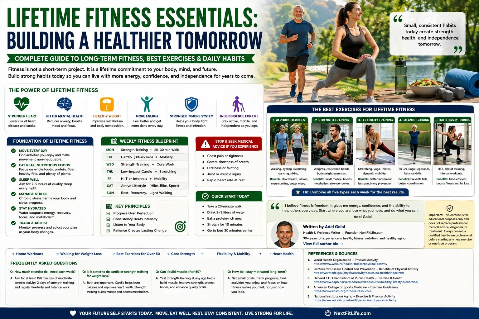 Adults of different ages walking, strength training, cycling, and practising balance together in a park for lifetime fitness