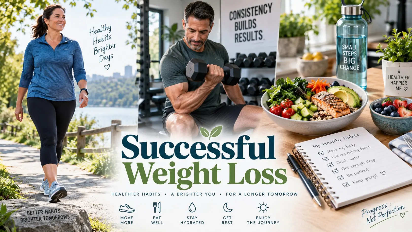 Successful weight loss through healthy eating, walking, strength training, sleep, tracking, realistic goals, and consistent healthy habits.